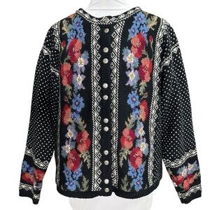 Icelandic Design Women’s Vintage Black Floral Cardigan Sweater. Size Medium